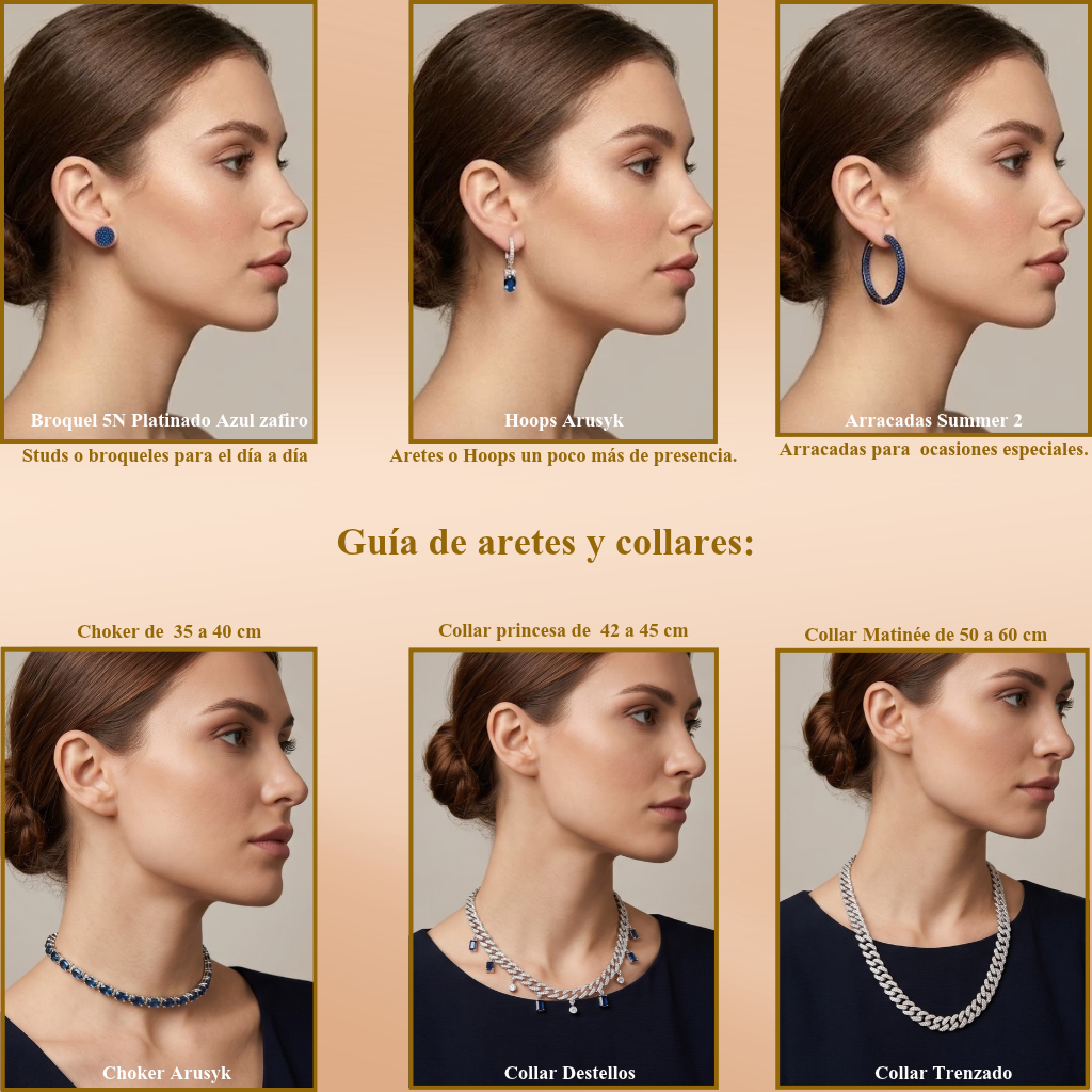 Guía de tallas de aretes y collares.